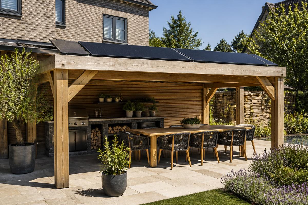 Timber pergola over an outdoor kitchen and dining table with two black solar panels mounted flat on its roof