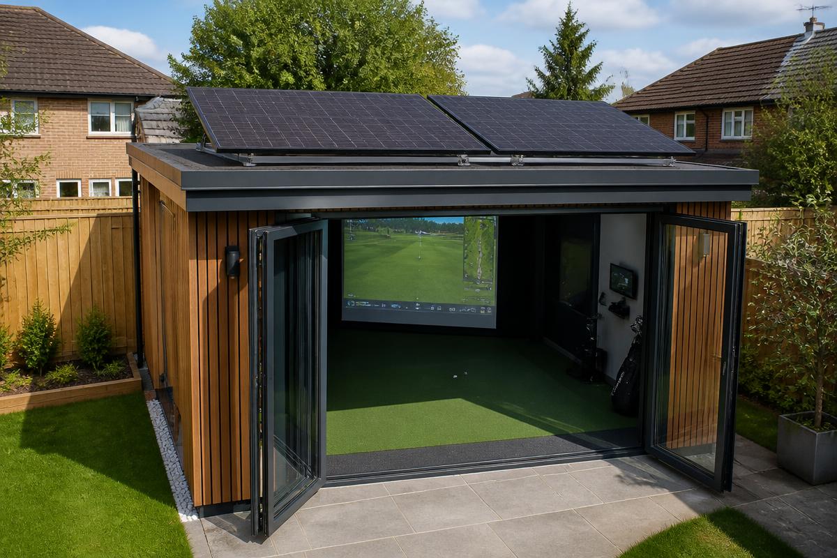 Flat-roof garden building with open doors showing a golf simulator inside and two black solar panels on tilted mounts on the roof