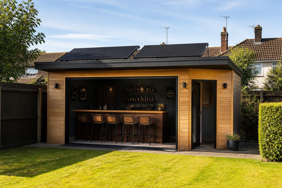 Flat-roof timber garden bar outbuilding with two black solar panels on tilted mounts on its roof